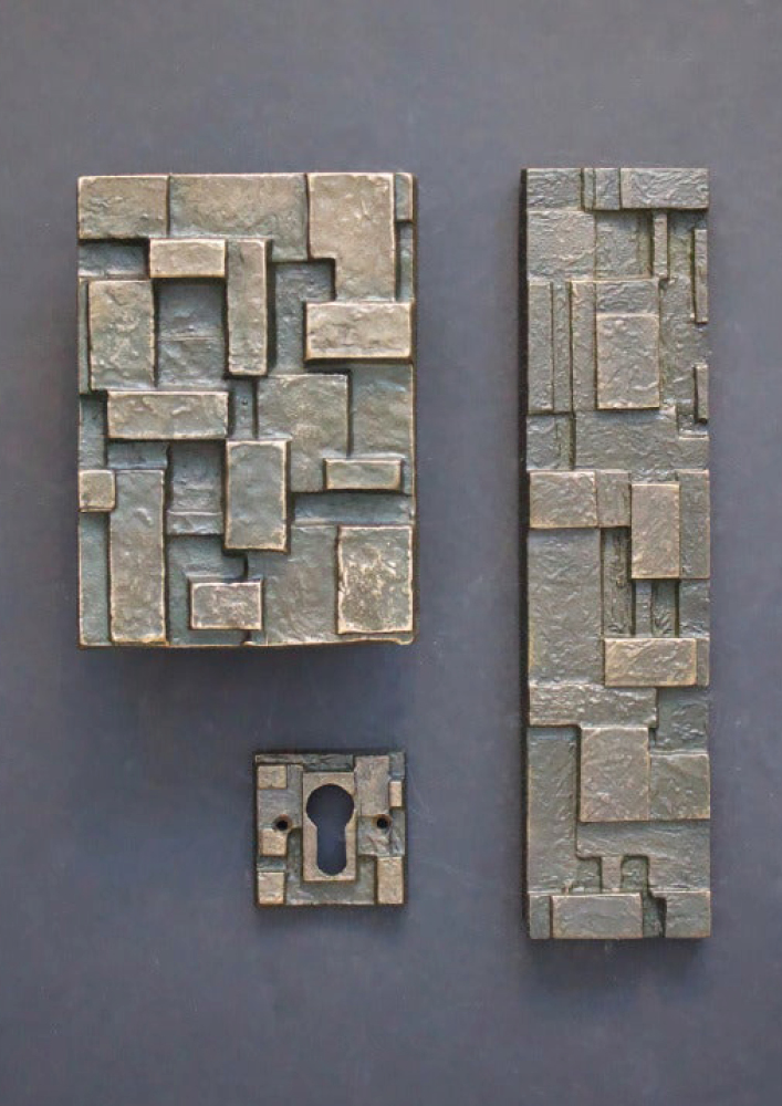 Brutalist Bronze Door Handle and Fittings with Geometric Design